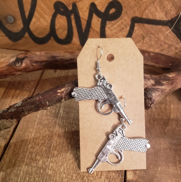 Silver Gun Earrings Military Pistol Handgun Ruger~Armed Forces~Army Gift idea - Picture 4 of 11